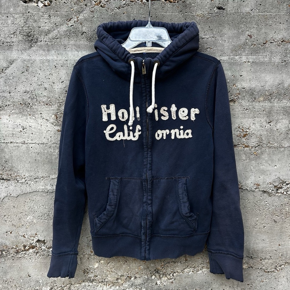 Vintage Hollister Distressed Zip Up Hoodie Mens M Blue Spell Out Surf Y2K Muscle